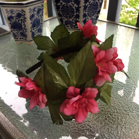 Pink Floral Headband with Forest Green Leaves - Picture 5 of 6
